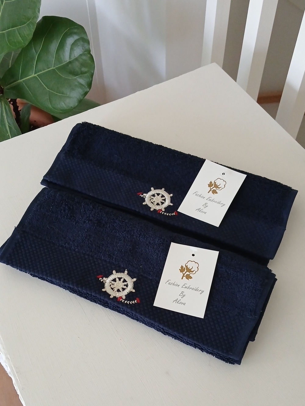 Navy Blue Fingertip Guest Towels Embroidered Steering Wheel Rope Set of 2